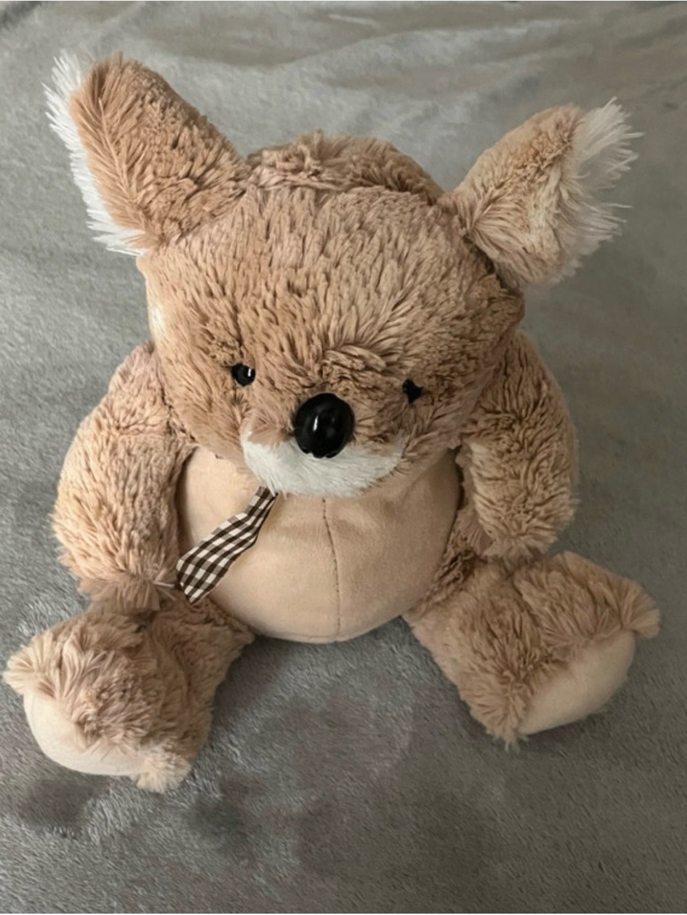 Cuddly Tan Fox Plush with Check Ribbon - Soft Stuffed Animal